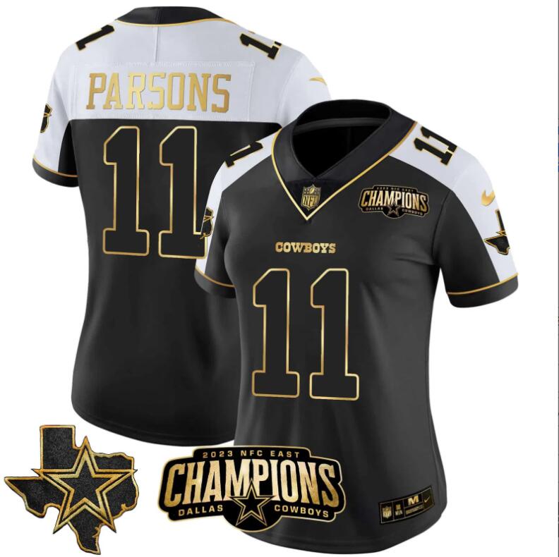Women Dallas Cowboys #11 Parsons 2023 NFC East Champions Patch Gold Vapor 2024 NFL Nike black jerseys